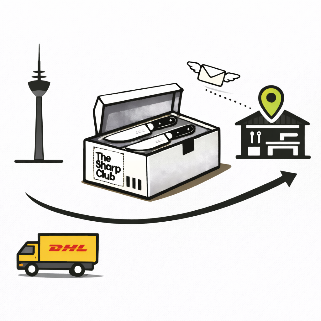 Die Messer werden von Düsseldorf in unsere Werkstatt geschickt.